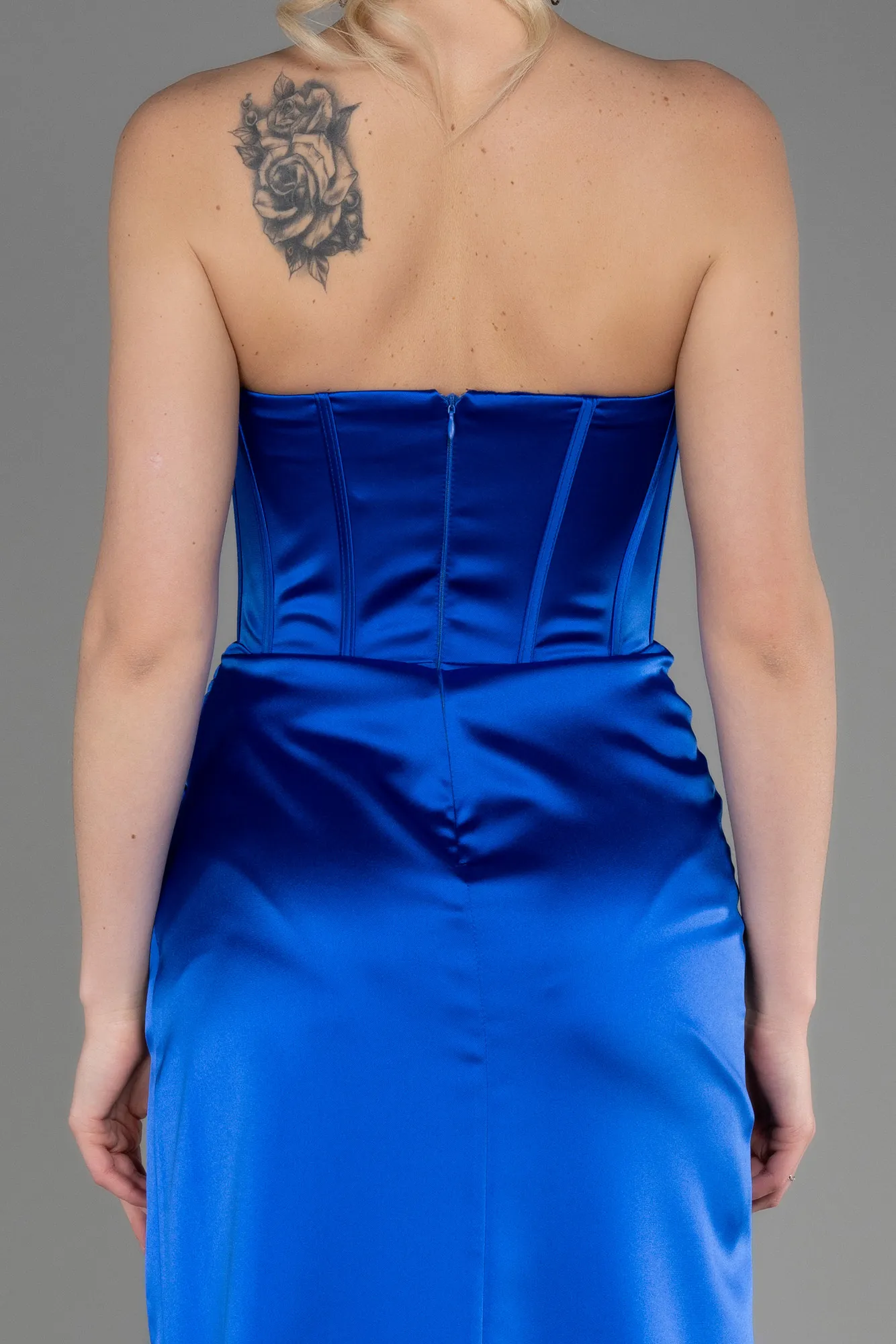 Robe de Soirée Longue Satin Bleu Saxe ABU3706