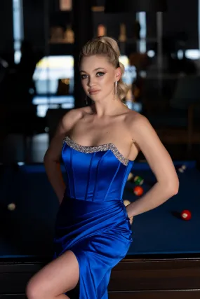 Robe de Soirée Longue Satin Bleu Saxe ABU3706