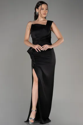 Robe de Soirée Longue Satin Noir ABU4014