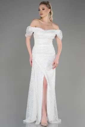 Robe de Soirée Longue Squameuse Blanc ABU3749