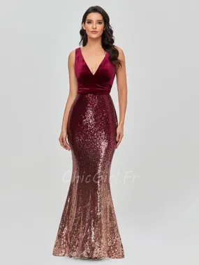 Robe De Soirée Sirène Lie De Vin Pailletée Dégradé Décolleté V