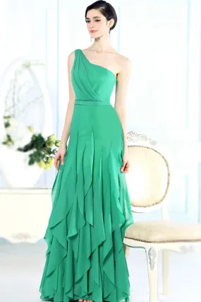 Robe de soirée verte à encolure asymétrique