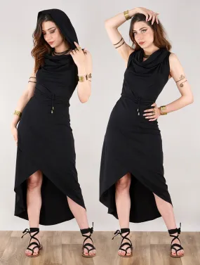 Robe mi longue asymétrique à capuche Onyxx, Noir