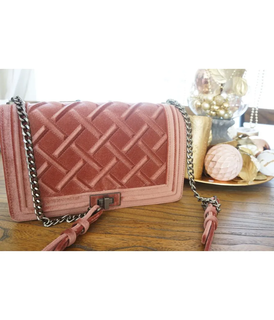 SANTAIA SAC COUTURE  VELOURS ROSE POUDRE BANDOULIERE EFFET CROISILLONS